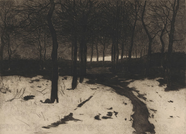 Winter in the forest (original title), Snowy forest path (original title), Snow landscape with forest path, Forest, Ewijkshoeve (original title), print, annotation: 'épreuve d'essai', printmaker: Willem Witsen (signed by artist), c. 1908, Willem Witsen, printmaker, paper, Japanese paper (handmade paper), etching, aquatint, roulette, height 248 mm x width 326 mm, The edition of twenty copies applies to the 'épreuves'. Additionally, an edition of 95 regular prints., forest path or lane, snow, Den Dolder, Ewijkshoeve (Den Dolder), A dark, leafless forest scene with tall, slender tree trunks and tangled branches forming a dense canopy, a lighter clearing visible in the distance between the trunks, a winding dark path cutting through a pale, textured ground with scattered brush marks and small patches of darker debris, overlapping horizontal strokes creating shadowed areas, and the overall palette dominated by deep charcoal tones and muted beige.