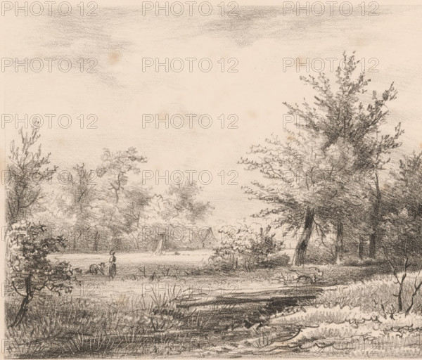 Landscape with figures and farm, print, Two figures, one bent over and the other standing, are working in the fields in a wooded landscape. Further on stands a farmhouse., printmaker: attributed to Jean Augustin Daiwaille, Amsterdam, 1796 - 1850, 1809 - 1850, Attributed to, paper, lithography, lithografie, height 315 mm x width 485 mm, farm (building), plain (landscape with figures, staffage), A sepia-toned pencil or charcoal landscape shows a foreground of grassy marshland with textured reeds and a small stream or water edge, leading back to a flat open area where a solitary standing figure is visible near the water, accompanied by a small indistinct animal. The middle ground features scattered low bushes and a cluster of tents or triangular structures among trees, while the background is defined by taller trees with detailed branches and foliage, particularly a large tree on the right with a prominent trunk and sweeping branches. The sky is lightly shaded with soft cloud-like smudges...