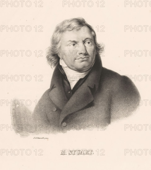 Portrait of Martinus Stuart, print, The sitter looks to the top right. Below the portrait his name., printmaker: Jean Augustin Daiwaille, Amsterdam, 1809 - 1850, paper, lithography, height 462 mm x width 330 mm, Person, Martinus Stuart, historical persons ((full) bust portrait), A charcoal-style portrait of a middle-aged person shown from the chest up wearing a dark double-breasted coat with a high collar and a light neck cloth, with wavy hair swept back and sideburns, visible facial features including eyes looking slightly to the side, eyebrows, a straight nose, and closed lips, all rendered with fine shading on a pale background.