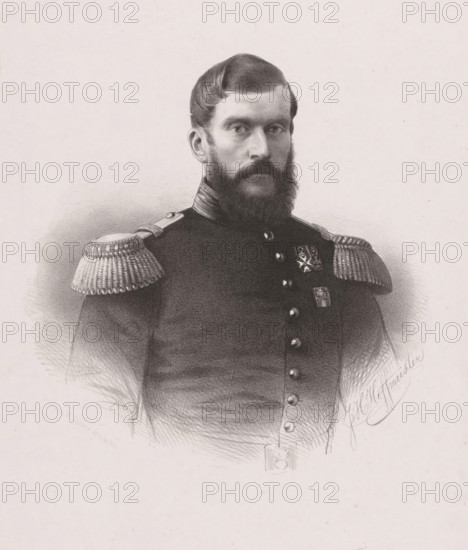 Portrait of Willem Karel Hendrik Feuilletau de Bruyn, print, printmaker: Johan Hendrik Hoffmeister, Netherlands, printer (person): Koninklijke Steendrukkerij van E. Spanier, The Hague, c. 1851 - c. 1883, printer (person), paper, chine collé, lithography, lithography on chine collé, height 400 mm x width 285 mm, historical persons ((full) bust portrait), knighthood order, A monochrome portrait of a bearded man shown from the chest up wearing a dark military uniform with decorative shoulder epaulettes and a high collar, his hair neatly combed and a full beard framing his face, buttons running down the front of his coat and several ornamental medals on his chest, shaded sketching and fine dot work create highlights and shadows across his features and uniform against a pale background.
