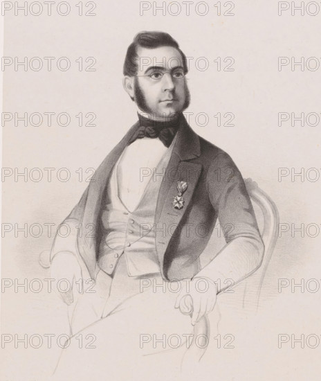 Portrait of Johannes Baptista Bots, print, printmaker: Johan Hendrik Hoffmeister, Netherlands, printer (person): Elias Spanier, The Hague, 1843 - 1874, printer (person), paper, chine collé, lithography, lithography on chine collé, height 425 mm x width 295 mm, Person, Johannes Baptista Bots, historical persons (three-quarter length portrait), A seated man rendered in a monochrome pencil or charcoal drawing wearing formal attire with a dark jacket, light waistcoat, high-collar shirt, and a bow at the neck; he has neatly styled hair, prominent sideburns, and is shown with round spectacles on his face; a medal with a ribbon is pinned to his jacket; his hands rest on the arms of a carved chair, one hand holding a rolled object, and the overall pose is angled slightly to the viewer’s left against a plain, lightly textured background.