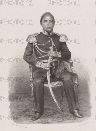 Portrait of Hamangkoe Boewono VI, the Sultan of Yogyakarta, print, The sitter is seated on a chair and holds a saber or klewang in his hands., printmaker: Johan Hendrik Hoffmeister, printer (person): Royal Lithographic Printing House of E. Spanier, The Hague, c. 1851 - c. 1883, 1860, printer (person), paper, chine collé, lithography, lithography on chine collé, height 555 mm x width 444 mm, historical persons (full length portrait), hacking and thrusting weapons (with NAME), Java, Central Java, Yogyakarta, A monochrome portrait of a seated person wearing a formal military uniform with decorative shoulder epaulettes and braided cords across the chest, the figure holds a sheathed sword with one hand resting on the hilt and the other on the sword's scabbard, the uniform includes a high collar with ornamental details and cuff decorations, the person sits on an ornate carved chair with visible armrests and patterned upholstery, trousers and polished shoes are visible, and the background is ...