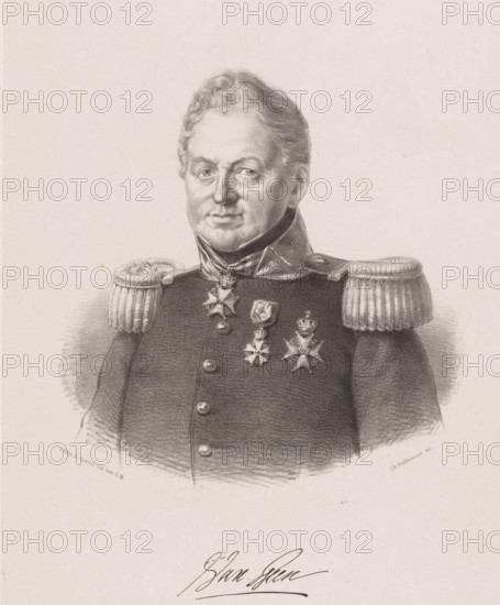 Portrait of Josephus Jacobus van Geen, print, The sitter wears a military uniform with epaulets and three knightly orders. Below the portrait is his signature., printmaker: Johan Hendrik Hoffmeister, Netherlands, printer (person): Koninklijke Steendrukkerij van E. Spanier, The Hague, c. 1851 - c. 1883, printer (person), paper, chine collé, lithography, lithography on chine collé, height 550 mm x width 370 mm, Person, Joseph Jacobus baron van Geen, historical persons ((full) bust portrait), knighthood order, A monochrome portrait drawing of a man shown from the chest up wearing a dark military coat with high collar and ornate shoulder epaulettes, his hair short and wavy, his expression neutral, several star-shaped medals pinned to his chest, the shading and fine lines emphasizing facial features and uniform texture, blank background surrounding the figure and a large handwritten signature below the portrait.