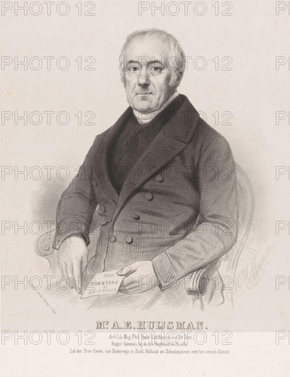 Portrait of AE Huijsman, print, The sitter holds a letter in his hand with the inscription: 'Upbringing and education 1853'. Below the portrait are his name and positions., printmaker: Johan Hendrik Hoffmeister, Netherlands, printer (person): Royal Lithographic Printing House of E. Spanier, The Hague, c. 1851 - c. 1883, printer (person), paper, chine collé, lithography, lithography on chine collé, height 470 mm x width 375 mm, historical persons (half-length portrait), A seated older man is shown from the waist up in a detailed pencil or charcoal portrait; he has short, thinning hair with curls at the sides, a high forehead, and a composed facial expression with visible wrinkles and shading around the eyes and mouth. He wears a dark double-breasted coat with wide lapels over a high-collared garment, and his hands rest in his lap, one holding a small rectangular paper. The chair has a curved armrest with carved detailing, and the background is plain with subtle shading around the figure...