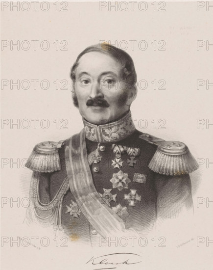 Portrait of Rijnholt Antony Klerck in military costume, print, The sitter wears a military uniform with eight knighthood orders, including one for thirty years of military service. Below the portrait is his signature., printmaker: Johan Hendrik Hoffmeister, Netherlands, printer (person): Koninklijke Steendrukkerij van E. Spanier, The Hague, c. 1851 - c. 1883, printer (person), paper, chine collé, lithography, lithography on chine collé, height 505 mm x width 355 mm, Person, Jonkheer Rijnholt Antony Klerck, historical persons ((full) bust portrait), knighthood order, A black and white illustration of a man shown from the chest up wearing a decorated military uniform with ornate shoulder epaulettes and a patterned high collar, a sash draped across his chest, and multiple medals and star-shaped decorations pinned to his coat; he has short dark hair, sideburns, a mustache, and a composed facial expression, set against a plain light background.