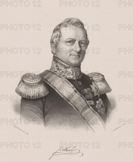 Portrait of Hendrik Merkus de Kock, print, The sitter wears a military uniform with two order stars, two knightly orders, and a medal of honor for thirty years of military service. His signature is below the portrait., printmaker: Johan Hendrik Hoffmeister, Netherlands, printer (person): Koninklijke Steendrukkerij van E. Spanier, The Hague, c. 1851 - c. 1883, printer (person), paper, chine collé, lithography, lithography on chine collé, height 500 mm x width 345 mm, Person, Hendrik Merkus baron de Kock, historical persons ((full) bust portrait), knighthood order, A detailed black and white portrait drawing of a man shown from the chest up wearing a formal military uniform with ornate shoulder epaulettes and a decorative high collar, a sash diagonally across his chest, and several medals and decorations on his coat; he has short wavy hair, a composed facial expression with a slight smile, and is looking slightly to one side against a plain background.