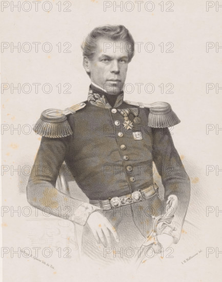 Portrait of FA Kortz, print, The sitter is wearing a military costume and holds a saber in his left hand., printmaker: Johan Hendrik Hoffmeister, Netherlands, printer (person): Koninklijke Steendrukkerij van E. Spanier, The Hague, c. 1851 - c. 1883, printer (person), paper, chine collé, lithography, lithography on chine collé, height 400 mm x width 305 mm, historical persons (half-length portrait), hacking and thrusting weapons (with NAME), A black and white portrait of a seated man wearing a formal military uniform with ornate shoulder epaulettes and decorative embroidery on the collar, his hair styled and swept back, his face showing a neutral expression, a row of buttons down the front of his coat and several medals pinned to his chest, a decorative belt at his waist, one hand resting on an armrest and the other holding a sword with a curved hilt, the background plain and lightly textured with scattered small stains on the paper.