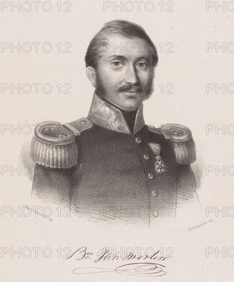 Portrait of Jean-Baptiste van Merlen, print, The sitter wears a military uniform with epaulets and an order insignia. His signature is below the portrait., printmaker: Johan Hendrik Hoffmeister, Netherlands, printer (person): Koninklijke Steendrukkerij van E. Spanier, The Hague, 1851 - c. 1883, printer (person), paper, chine collé, lithography, lithography on chine collé, height 550 mm x width 365 mm, Person, Jean-Baptiste van Merlen, historical persons ((full) bust portrait), knighthood order, A monochrome portrait of a man shown from the chest up wearing a military uniform with ornate shoulder epaulettes and a high collar; he has neatly combed hair, sideburns, a mustache, and a calm facial expression, and a medal pinned to his chest.
