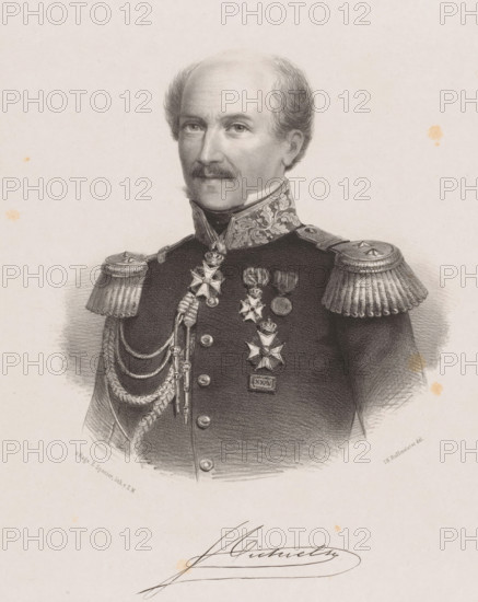 Portrait of Andreas Victor Michiels, print, The sitter wears a military uniform with knightly orders, including a medal for 35 years of service. His signature is below the portrait., printmaker: Johan Hendrik Hoffmeister, Netherlands, printer (person): Koninklijke Steendrukkerij van E. Spanier, The Hague, 1851 - c. 1883, printer (person), paper, chine collé, lithography, lithography on chine collé, height 525 mm x width 355 mm, Person, Andreas Victor Michiels, historical persons ((full) bust portrait), knighthood order, A monochrome engraved portrait of a man shown from the chest up wearing a formal military uniform with ornate epaulettes and braided cords, a high embroidered collar, and multiple medals and decorations pinned to his chest; he has a receding hairline with short hair at the sides, a mustache, and a neutral facial expression, with soft shading and fine pencil-like lines defining facial features and clothing against a plain background.