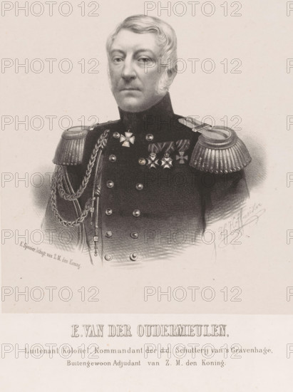 Portrait of E. van der Oudermeulen, print, The sitter is wearing a military uniform. Below the portrait are his name and positions., printmaker: Johan Hendrik Hoffmeister, Netherlands, printer (person): Koninklijke Steendrukkerij van E. Spanier, The Hague, 1851 - c. 1883, printer (person), paper, chine collé, lithography, lithography on chine collé, height 490 mm x width 370 mm, historical persons ((full) bust portrait), knighthood order, A monochrome portrait of a man shown from the chest up wearing a dark military uniform with high collar and ornate shoulder epaulettes, his face framed by short wavy hair and sideburns, a composed neutral expression, decorative braided cords draped across one shoulder, several medals and a cross pinned on his chest, rows of buttons down the front of his coat, shading and fine line work creating depth against a plain light background.