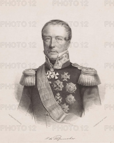 Portrait of Henri de Perponcher, print, The sitter wears a military uniform with epaulets, a sash and knightly orders. Below the portrait is his signature., printmaker: Johan Hendrik Hoffmeister, Netherlands, after design by Heinrich Siebert (I), printer (person): Koninklijke Steendrukkerij van E. Spanier, The Hague, 1851 - c. 1883, printer (person), paper, chine collé, lithography, lithography on chine collé, height 543 mm x width 360 mm, Person, Hendrik George de Perponcher Sedlnitsky, historical persons ((full) bust portrait), knighthood order, A detailed black and white portrait drawing of an older man shown from the chest up wearing a high-collared military uniform with decorative epaulettes and a broad sash across his torso, his face rendered with fine shading and a neutral expression, short wavy hair, and a series of ornate medals and star-shaped decorations pinned to his chest, set against a plain light background.