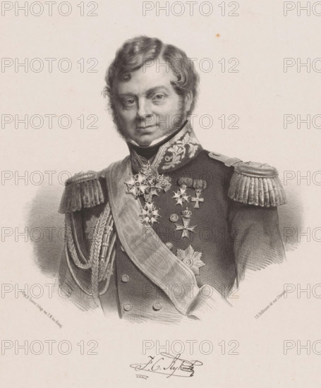 Portrait of Julius Constantijn Rijk, print, Below the portrait the signature of the sitter., printmaker: Johan Hendrik Hoffmeister, Netherlands, after design by Izaak Schouman, printer (person): Koninklijke Steendrukkerij van E. Spanier, The Hague, c. 1851 - 1883, printer (person), paper, chine collé, lithography, lithography on chine collé, height 540 mm x width 355 mm, Person, Julius Constantijn Rijk, historical persons ((full) bust portrait), A monochrome portrait of a man shown from the chest up wearing a decorated military uniform with ornate shoulder epaulettes, braided cords, a broad sash across his torso, and multiple medals and star-shaped decorations on his chest; he has short wavy hair, sideburns, and a composed facial expression, and the background is plain with subtle shading around the figure.