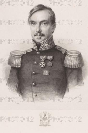Portrait of Carel Paul Amarant de Salis Soglio Mayenfeld, print, The sitter is wearing the Military William Order, the medal of the war in Java, and a decoration for twenty years of military service. Below the portrait is the coat of arms of the De Salis family., printmaker: Johan Hendrik Hoffmeister, Netherlands, printer (person): Koninklijke Steendrukkerij van E. Spanier, The Hague, c. 1851 - 1883, printer (person), paper, chine collé, lithography, lithography on chine collé, height 510 mm x width 350 mm, armorial bearing, heraldry, historical persons ((full) bust portrait), knighthood order, A monochrome portrait drawing of a man shown from the torso upward wearing a dark military uniform with decorative collar and large fringed epaulettes on each shoulder, his face turned slightly toward the viewer with short hair, a mustache and a small goatee, and a calm expression; several medals and a rectangular badge are pinned to the left side of his chest, and a small decorative coat of arm...