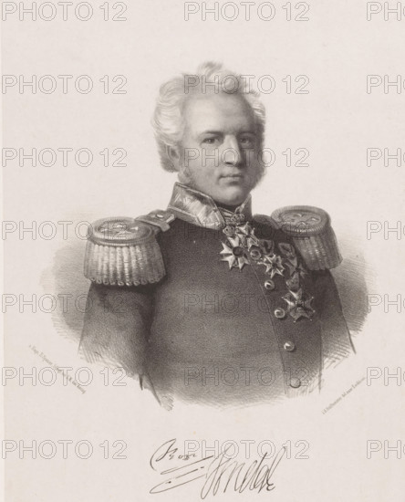 Portrait of Ralph Dundas Tindal, print, The sitter wears a military uniform with knightly orders on the chest. His signature is below the portrait., printmaker: Johan Hendrik Hoffmeister, Netherlands, printer (person): Koninklijke Steendrukkerij van E. Spanier, The Hague, 1851 - c. 1883, printer (person), paper, chine collé, lithography, lithography on chine collé, height 530 mm x width 350 mm, Person, Ralph Dundas Tindal, historical persons ((full) bust portrait), A monochrome portrait of a man shown from the chest up wearing a formal military uniform with ornate braided epaulettes and a high collar, his face framed by wavy light-colored hair and sideburns, his expression neutral as he looks slightly off center, a row of decorative star-shaped medals and round buttons adorning his chest, and a large blank background surrounding the figure.