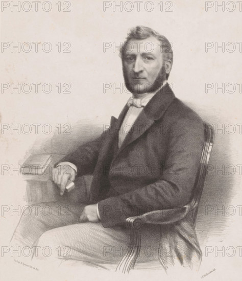 Portrait of an unknown man, possibly Robert Voûte, print, The sitter is seated at a table and has large sideburns., printmaker: Johan Hendrik Hoffmeister, Netherlands, printer (person): Koninklijke Steendrukkerij van E. Spanier, The Hague, 1851 - c. 1883, printer (person), paper, chine collé, lithography, lithography on chine collé, height 477 mm x width 330 mm, Person, Robert Voûte, historical persons ((full) bust portrait), sideburns, A charcoal or pencil portrait of a seated man shown from the waist up wearing a dark suit jacket, a light shirt, and a bow at the collar, with sideburns and neatly combed hair, one arm resting on the arm of a carved wooden chair and the other arm resting on a table where a closed book sits, the shading and line work creating soft textures on the clothing and chair against a plain light background.