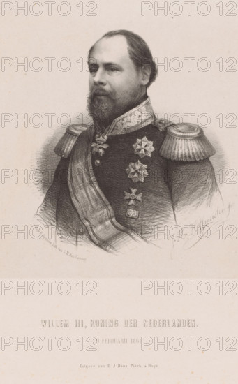 Portrait of King William III, print, printmaker: Johan Hendrik Hoffmeister, Netherlands, printer (person): Koninklijke Steendrukkerij van E. Spanier, The Hague, publisher: BJ Dona Pieck, 1861, printer (person), paper, chine collé, lithography, lithography on chine collé, height 540 mm x width 355 mm, Person, Willem III (king of the Netherlands), historical persons (half-length portrait), A sepia-toned lithographic portrait of a man shown from the chest up facing slightly to the viewer's left, with a full beard and mustache and short hair combed back, wearing a dark military uniform with ornate embroidered collar and epaulettes, a sash across his chest, and several decorative star-shaped medals pinned to his chest, rendered with fine shading and crosshatching on a plain background.