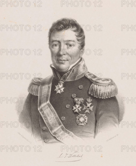 Portrait of Constantijn Johan Wolterbeek, print, Below the portrait the signature of the sitter., printmaker: Johan Hendrik Hoffmeister, Netherlands, printer (person): Koninklijke Steendrukkerij van E. Spanier, The Hague, 1851 - c. 1883, printer (person), paper, chine collé, lithography, lithography on chine collé, height 550 mm x width 368 mm, Person, Constantijn Johan Wolterbeek, historical persons ((full) bust portrait), knighthood order, A grayscale portrait drawing of a man shown from the chest up wearing a high-collared military uniform with decorative shoulder epaulettes and a sash across his torso, his face framed by short wavy hair and a calm expression, several ornate medals and star-shaped insignia pinned to his chest, detailed shading on the uniform and facial features, and a plain light background.