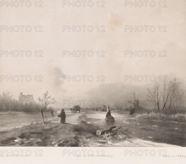 Winter landscape with skating figures and windmill, print, In the center runs a country road with a woman and a horse and wagon on it. On the right a windmill, on the left a house., printmaker: Johan Hendrik Hoffmeister, Netherlands, after design by Johannes Franciscus Hoppenbrouwers, printer (person): Pieter Willem Marinus Trap, Leiden, publisher: Koenraad Fuhri, The Hague, 1837 - 1855, printer (person), paper, tone lithography, tone lithography in black with tone block in gray, height 228 mm x width 270 mm, skates (winter sports), windmill in landscape, landscapes in the temperate zone (landscape with figures, staffage), A wide, muted landscape rendered in soft grayscale with a pale sky occupying the upper portion and darker ground below, featuring a frozen river or path stretching into the distance. Along the icy surface are small figures dressed in cloaks or coats, some standing and some sitting, and one figure appears to be seated on the ice. A horse-drawn cart is positioned on th...