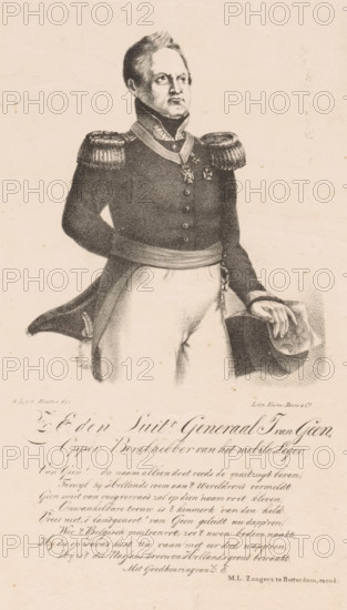Portrait of General Josephus Jacobus van Geen, print, The sitter holds his hat in his right hand and behind his back. His left hand rests on a map. Below the portrait, a poem of praise., printmaker: Henricus Leonardus van den Houten, printer (person): Voorn Boers & Co., publisher: ML Zangers, Rotterdam, 1811 - 1852, printer (person), paper, lithography, height 275 mm x width 175 mm, Person, Joseph Jacobus Baron van Geen, historical persons (three-quarter length portrait), maps, atlases, arm bent behind the back, A monochrome portrait of a man in a military uniform shown from mid-thigh upward, wearing a dark double-breasted coat with ornate epaulettes and a high collar, a sash around his waist, and decorative medals at his chest; he stands with one hand tucked behind his back and the other resting on a hat that sits on a surface, his face turned slightly to the side with a composed expression and short hair; the background is plain and light, and there is decorative script and flourishe...