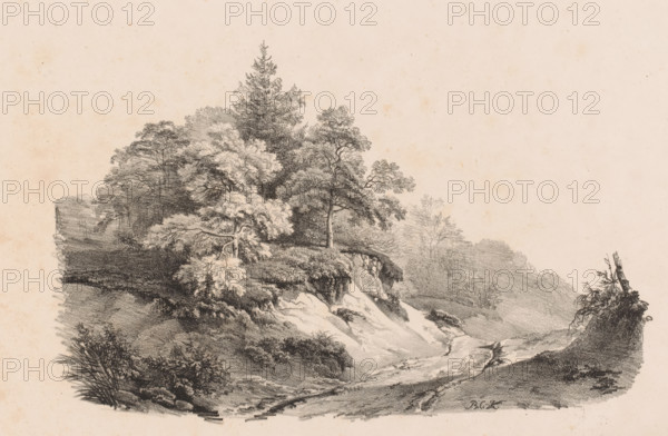 Sand path through the forest, Landscape studies first delivery, print, Series number, 4, 36, Numbered top left and right: '1st Delivery' and 'Pl. 4'. Part of a cover with seventeen prints., printmaker: Barend Cornelis Koekkoek, Amsterdam, 1829 - 1844, paper, lithography, height 300 mm x width 454 mm, In 1829 and 1830, Koekkoek, together with Daiwaille, published six notebooks each containing six prints titled Landscape Studies. These were used in drawing instruction. Fifteen years later, this series was reissued in a different composition by Meyer and Comp in Amsterdam. See: De Bruyn Kops, 1963., forest path or lane, A monochrome landscape drawing showing a rocky hillside with vegetation, including a variety of trees with detailed foliage and a tall conifer near the center, shrubs and grasses along the slope, exposed rock faces and eroded soil, and a winding bare path or stream bed running down the foreground between shaded banks, all rendered with fine pencil or charcoal strokes on a ...