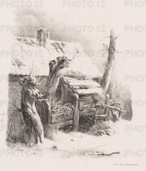 Snow-covered barn, Landscape studies third delivery, print, Series number, 18, 36, Numbered top left and right: '3rd Delivery' and PL 18'. Part of a cover with eighteen prints., inscription: 'missing large, branches left, on the pollard willow', inscription:, printmaker: attributed to Barend Cornelis Koekkoek, Amsterdam, printer (person): Jean Augustin Daiwaille, 1829 - 1830, Barend Cornelis Koekkoek, Jean Augustin Daiwaille, printmaker, printer (person), Attributed to, paper, lithography, height 480 mm x width 335 mm, In 1829 and 1830, Koekkoek, together with Daiwaille, published six booklets, each containing six prints, titled *Landscape Studies*. These were used in drawing instruction. Fifteen years later, this series was reissued in a different composition by Meyer and Comp in Amsterdam. See: De Bruyn Kops, 1963. This print was also published by Meyer & Comp. The image differs significantly. Therefore, the same stone was probably not used, but Koekkoek's print was copied., snow, ba...