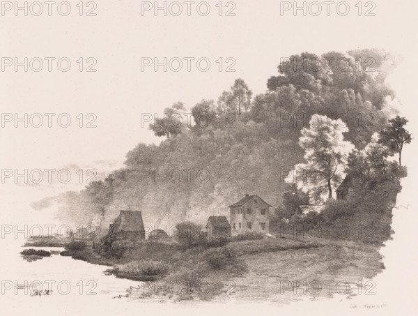 Hill landscape with river, country road and houses, Landscape studies sixth delivery, print, A watermill by the water. Numbered top left and right: '6th Delivery' and 'PL 27'., printmaker: Barend Cornelis Koekkoek, Amsterdam, printer (person): Meyer & Comp., 1844 - 1845, printer (person), paper, lithography, height 345 mm x width 480 mm, In 1829 and 1830, Koekkoek, together with Daiwaille, published six booklets each containing six prints titled Landscape Studies. These were used in drawing instruction. Fifteen years later, this series was reissued by Meyer and Comp in Amsterdam in a different composition. See: De Bruyn Kops, 1963., river, low hill country, watermill in landscape, A monochrome landscape drawing showing a hillside densely covered with trees and foliage, with clusters of leafy canopies rendered in soft shading. At the base of the hill are several small buildings with pitched roofs, including a taller multi-story house and smaller outbuildings, set near a shoreline with c...