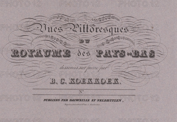 Cover for: Vues Pittoresques du Royaume des Pays-Bas, wrapper, print, Cover with nine prints., printmaker: Barend Cornelis Koekkoek, Amsterdam, printer (person): Daiwaille en Veldhuijzen, 1831, printer (person), paper, lithography, lithography on blue-grey paper, height 325 mm x width 495 mm x height 650 mm x width 495 mm, A textured paper background with ornate dark ink calligraphy and decorative flourishes arranged across the upper portion, including large stylized ornamental words in bold serif and blackletter styles set among swirling curved lines and leaflike motifs, a centered line of delicate cursive script beneath the flourishes, a horizontal rule and a thin framed space below, and additional smaller printed text and lines near the lower part of the visible area.