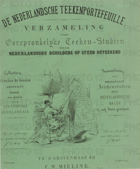 Painter in his studio, print, title page, Title page for: De Nederlandsche Teekenportefeuille. A painter sits in his studio in front of an easel with a painting on it. His right hand rests on a painting stick. Paintings stand around him, prints lie on the floor. On one of the paintings are the portraits of Paulus Potter, Rembrandt van Rijn, and Jan Steen., printer (person): Steendrukkerij van CW Mieling, Rotterdam, 1846, printmaker, printer (person), paper, lithography, lithography on green paper, height 295 mm x width 240 mm, painter at work, in his studio, easel, A green printed sheet with various decorative black ink text and an ink drawing showing an artist seated on a chair at an easel working on a canvas, surrounded by drawing supplies and scattered papers, with additional sketched faces and framed works nearby; the top area features large arched and straight lines of black display lettering, and smaller blocks of ornamental and cursive text are placed on both left and right side...