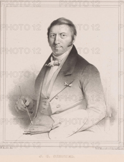Portrait of Johannes Christiaan Schotel, print, The sitter holds a palette and cabinets in his hands., printmaker: Michel Mourot, printer (person): Nederlandsche Maatschappij van Schoone Kunsten, The Hague, 1840 - 1843, printer (person), paper, chine collé, lithography, lithography on chine collé, height 335 mm x width 253 mm, Person, Johannes Christiaan Schotel, portrait, self-portrait of artist, palette, A seated man rendered in a detailed pencil or charcoal portrait wearing a dark coat with wide lapels over a lighter waistcoat and a high-collared shirt with a tied neckerchief, his hair combed back with sideburns, holding a thin brush or stick in one hand and a painter's palette and several brushes resting on his lap, a small decorative pin on his coat, soft shading around his figure, and a simple rectangular border framing the image.
