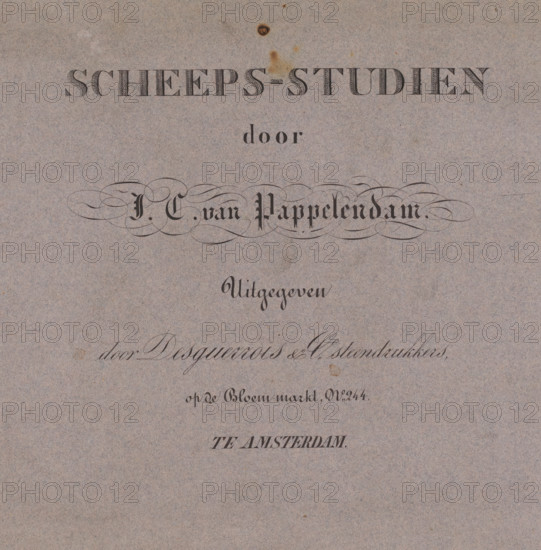 Print album with series of ships, Ship studies, print album, Print album with a series of four lithographs of ships by Johannes Cornelis van Pappelendam. Notebook with grey cover in which lithographs are bound., printmaker: Johannes Cornelis van Pappelendam, printer (person): Desguerrois & Co., Amsterdam, 1827 - 1884, paper, lithography, cover of grey paper, height 261 mm x width 360 mm, ships (in general), A sheet of textured paper with a mottled gray-beige background showing decorative printed elements including a large ornate horizontal patterned band near the top, a smaller centered dark ornamental emblem with flowing loops below it, several lines of stylized calligraphic script arranged vertically down the page, and scattered small brownish spots and stains on the paper surface.
