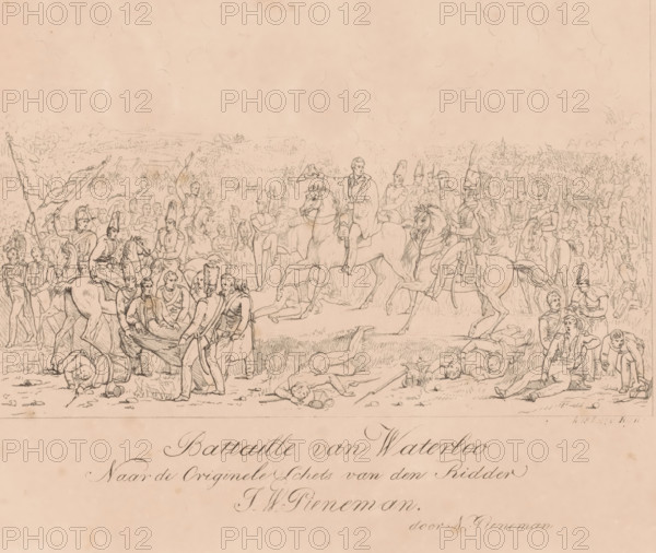 Battle of Waterloo, Battaille van Waterloo, print, The Battle of Waterloo, June 18, 1815. View of the battlefield at the moment the English commander Wellington hears that Prussian reinforcements are on their way. The wounded William, Prince of Orange, is being led away on the left in the foreground. The commanders and other officers on horseback stand in the center; wounded and dead soldiers are on the right in the foreground. In the background the battles rage on the battlefield., printmaker: Nicolaas Pieneman, Netherlands, after design by Jan Willem Pieneman, 1819 - 1860, paper, lithography, height 309 mm x width 479 mm, Person, William II of the Netherlands, Arthur Wellesley of Wellington, putting out of action by wounding, charge, battle, Waterloo, A detailed pencil drawing of a battlefield scene filled with soldiers and horses spread across a grassy plain, with groups of marchers and mounted officers concentrated toward the center and sides, some soldiers wearing tall hats and sh...