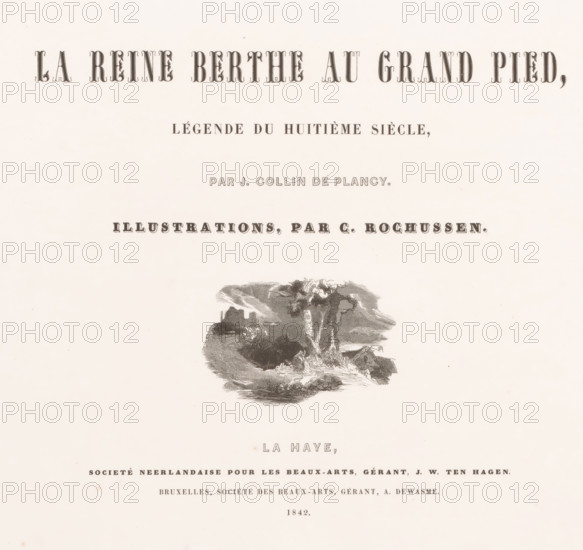 Title page for: Jacques Collin de Plancy, La Reine Berthe au grand pied, 1842, Landscape with trees, house and ruin, print, title page, printmaker: Charles Rochussen, publisher: Nederlandsche Maatschappij van Schoone Kunsten, The Hague, paper, lithography, height 252 mm x width 330 mm, Title page for: Plancy, 1842., landscapes, A pale page with ornate dark headings across the top, a smaller line of dark lettering below them, and another line of medium-weight lettering further down; a dark vignette illustration near the center shows a rocky landscape with a tall tree in the foreground, a cluster of low buildings and a distant ruin on a hill, and textured shading beneath; more lines of dark text appear toward the lower portion of the page and a faint printed line is visible near the bottom.
