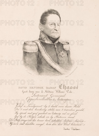 David Hendrik Baron Chassé, Portrait of David Hendrik Chassé, print, Below the portrait his title and a six-line verse by Jacobus Scheltema., printmaker: Theodoor Soeterik, printer (person): Johannes Paulus Houtman, Utrecht, 1828 - 1843, printer (person), paper, lithography, height 298 mm x width 236 mm, Person, historical persons, A sepia-toned portrait drawing of a stern-faced man shown from the chest up wearing a formal military uniform with decorative epaulettes and a sash across his chest, a high collar with patterned trim, a medal shaped like a star pinned to his coat, short coiffed hair, and a blank background with handwritten script visible below the portrait.