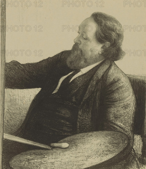 Portrait of Jacob Maris, Famous contemporaries, print, The artist is at work. He is sitting in front of his easel and holds a palette and cabinets in his hand., printmaker: Jan Veth, 1891, paper, lithography, lithography on green-grey paper, proof print, height 310 mm x width 260 mm, This print was published by De Amsterdammer on May 3, 1891., Person, Jacob Maris, artist at work, in his workshop, historical persons ((full) bust portrait), palette, A monochrome drawing of a seated man shown in profile with a beard and wavy hair, wearing a jacket and a vest with a visible collar, his arm resting along the back of a seat, and a palette with a thumb hole held near his lap.