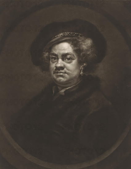 Portrait of John Pine, print, printmaker: James McArdell, London, after painting by William Hogarth, c. 1755 - 1765, paper, mezzotint, proof print, height 326 mm x width 225 mm, Person, John Pine, historical persons, portrait, self-portrait of graphic artist, A sepia-toned portrait of a person shown from the chest up wearing a dark wide-brimmed hat with a patterned band, curly hair visible around the hat, an earring with a drop-shaped pendant in one ear, a fur-collared dark garment, and a neutral facial expression with slightly furrowed brows and a mustache, set against a dark circular vignette background.