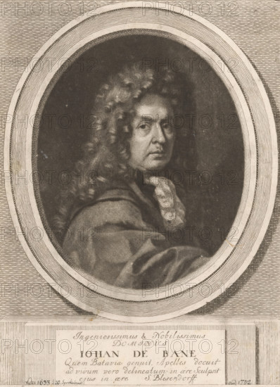 Portrait of Jan de Baen, print, printmaker: Samuel Blesendorf, 1643 - 1706, paper, engraving, mezzotint, height 243 mm x width 180 mm, Person, Jan de Baen, historical persons, portrait, self-portrait of artist, An oval framed engraving of a person with long, curly hair wearing a draped garment and a patterned neckcloth, shown from the shoulders up and turned slightly to one side, surrounded by concentric decorative borders and set against a textured background, with a rectangular area beneath the oval containing blocks of handwritten text.