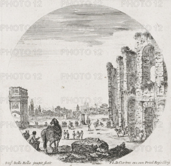Landscape with the Colosseum and the Arch of Constantine, Landscapes and ruins in Rome, Paysages et ruines de Rome, print, A landscape with part of the Colosseum on the right and the Arch of Constantine on the left. Men with horses are busy between the monuments. In the foreground a block with the letters SPQR on it and in the background the Roman Forum (at that time still called the Campo Vaccino)., printmaker: Stefano della Bella, publisher: François Langlois, France, 1620 - 1664, unknown, grantor of privilege, paper, etching, height 130 mm x width 132 mm, A circular ink drawing shows a landscape with tall, rugged rock formations on the right, detailed with vertical striations and small patches of vegetation, and an arch-like opening in one of the cliffs. To the left a ruined architectural column rises with sculpted panels, and a distant line of trees and small buildings stretches across the middle ground. In the foreground figures and animals occupy an open plain; people stand and w...