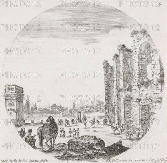 Landscape with the Colosseum and the Arch of Constantine, Landscapes and ruins in Rome, Paysages et ruines de Rome, print, Series number, 9, 13, A landscape with part of the Colosseum on the right and the Arch of Constantine on the left. Men with horses are busy between the monuments. In the foreground a block with the letters SPQR on it and in the background the Roman Forum (at that time still called the Campo Vaccino)., printmaker: Stefano della Bella, publisher: François Langlois, France, dedicated to: Antonio Le Charon, 1620 - 1664, unknown, grantor of privilege, paper, etching, height 127 mm x width 131 mm, A circular ink drawing shows a wide open scene with a large arched ruin on the right composed of tall, textured stone columns and openings, smaller architectural fragments on the left, and a flat expanse between them populated by many small human figures and animals engaged in various activities; in the foreground there is a prominent view of a horse seen from behind near two s...