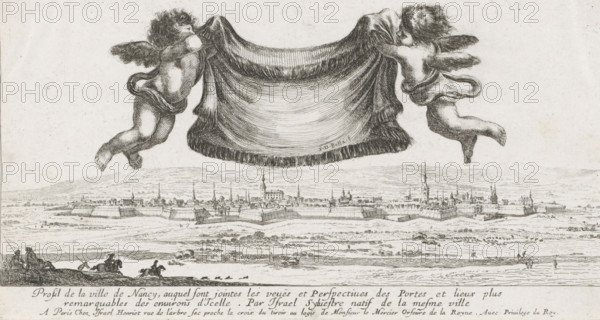 View of Nancy, Diverses vues d'endroits remarquables d'Italie et de France, Views of remarkable places in Italy and France, print, Two floating putti holding up a cloth together. In the background a view of the city of Nancy. Text in the lower margin in French., printmaker: Stefano della Bella, France, printmaker: Israël Silvestre, publisher: Israël Henriet, Paris, grantor of privilege: French Crown, 1620 - 1664, paper, etching, height 128 mm x width 242 mm, A wide horizontal engraving showing a fortified cityscape along the middle of the image with walls, towers, spires, and clustered buildings, set against low rolling hills in the background and open plains in the foreground. Above the city two winged cherubs face each other while holding a large draped cloth between them that curves and folds with visible fringe along its lower edge. In the foreground small groups of tiny figures and animals are scattered across the plain, with a few riders on horseback and a couple of people standi...