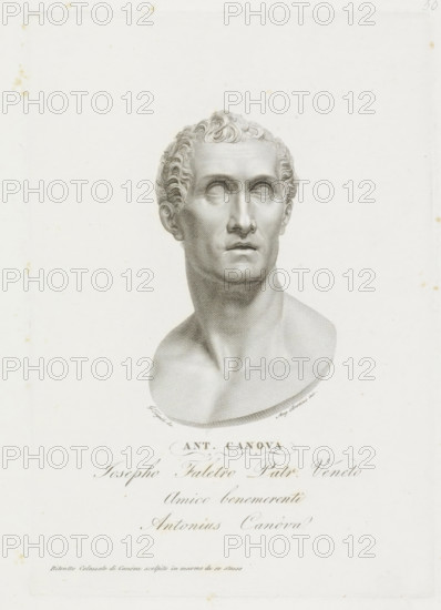 Portrait bust of Antonio Canova, Sculptures by Antonio Canova, print, Sculpted self-portrait of Antonio Canova., printmaker: Angelo Bertini, Italy, after drawing by Giovanni Tognolli, after sculpture by Antonio Canova, dedicated by: Antonio Canova, dedicated to: Josepho Faletro, 1812 - 1838, after sculpture by, paper, engraving, gravure, height 250 mm x width 174 mm, This print is part of a series of unknown size featuring representations of sculptures by Antonio Canova by various printmakers after drawings by Giovanni Tognolli., Person, piece of sculpture, reproduction of a piece of sculpture, historical persons, portrait, self-portrait or artist, A grayscale engraving of a classical male bust depicted from the shoulders up, showing short wavy hair, a smooth forehead, defined brows, hollowed eyes, a straight nose, and closed lips, with detailed shading on the neck and chest and a pale textured background.