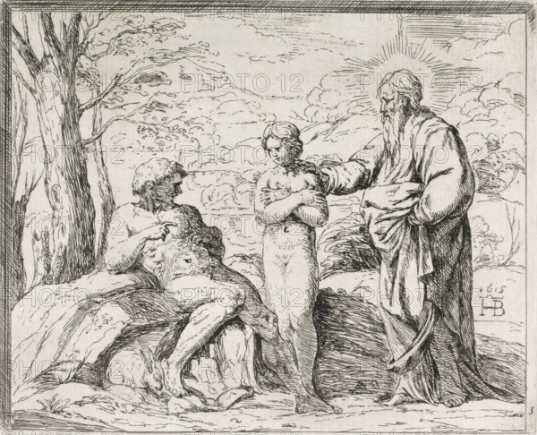 God creates Adam and Eve, Paintings in the Loggia by Raphael, print, Series number, 5, 52, God, an old man with a beard, stands in a landscape with Adam and Eve whom he has just created., printmaker: Orazio Borgianni, Italy, after painting by Raphael, Vatican City, 1615, paper, etching, height 140 mm x width 173 mm, A detailed ink drawing shows three human figures in a natural setting framed by a decorative border. On the left a seated figure reclines on a rock with an arm supporting their torso and the other hand resting near their abdomen, their head turned toward the center; nearby a tree trunk rises with visible bark lines and branches extending into the scene. In the center a standing figure faces forward with arms crossed over the chest and a neutral facial expression, positioned between the seated figure and the standing figure on the right. On the right a robed standing figure with a long beard and flowing garments reaches a hand toward the central figure, and lines radiate beh...