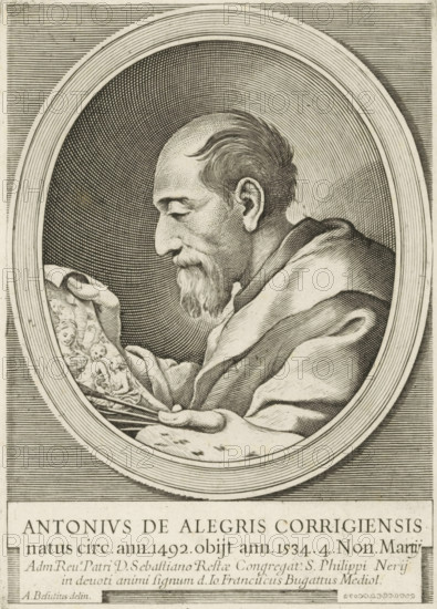 Portrait of the painter Correggio, print, printmaker: Giovanni Francesco Bugatti, Italy, after design by Giovanni Ambrogio Besozzi, 1600 - 1699, paper, etching, engraving, engraving and etching, height 154 mm x width 111 mm, Person, Correggio, historical persons, portrait, self-portrait of artist, An oval-framed engraved portrait shows an elderly man in profile facing left, with a high forehead, receding hair, a long hooked nose, and a pointed beard; he wears a draped garment and holds a palette and brushes in one hand while a hand holds a painted panel depicting small figures, and the background inside the oval is filled with concentric engraved lines.