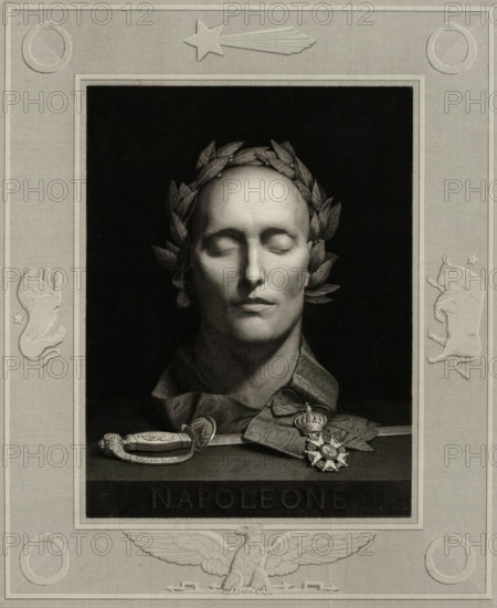 Death mask of Napoleon I Bonaparte, print, printmaker: Luigi Calamatta, Italy, 1834, paper, chine collé, steel engraving, steel engraving on chine collé, height 381 mm x width 308 mm, The original death mask was most likely made by doctor Carlo Antommarchi., Person, Napoleon I (Emperor of the French), death-mask, A monochrome engraving shows a sculpted male bust with closed eyes wearing a laurel wreath, set against a dark rectangular background and framed by a lighter decorative border; beneath the bust a folded cloth displays a decorated sword hilt and an ornate medal with a crown, and the border contains carved motifs including stylized animals, circular emblems, a shooting star at the top, and a spread-winged eagle at the bottom.