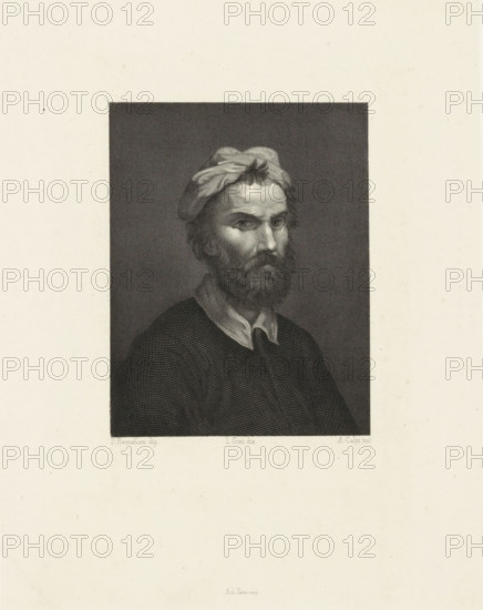 Portrait of the painter Domenico Beccafumi, print, printmaker: Achille Calzi, Italy, after drawing by Lamberto Cristiano Gori, after painting by Domenico Beccafumi, publisher: unknown, Paris, 1821 - 1850, paper, chine collé, steel engraving, steel engraving on chine collé, height 261 mm x width 205 mm, After a painted self-portrait by Domenico Beccafumi that is kept in the Uffizi Gallery in Florence., Person, portrait, self-portrait of artist, anonymous historical person depicted, A monochrome engraved portrait of a bearded man shown from the chest up, wearing a dark textured garment and a lighter collar, with a loosely wrapped cloth or turban on his head and a serious facial expression, set against a dark rectangular background within a large pale margin.