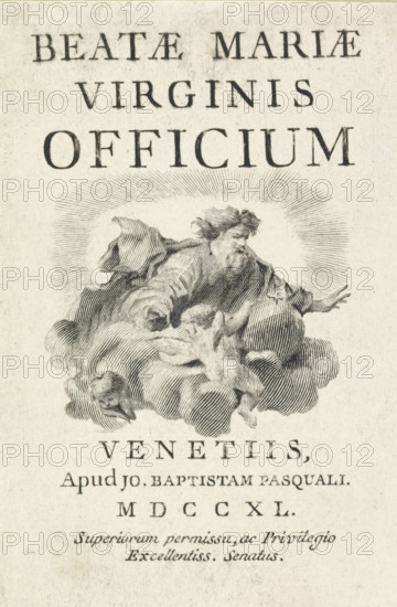 Title print with God the Father on a cloud with putti, Beatae Mariae virginis officium, print, title print, printmaker: attributed to Giovanni Cattini, Italy, publisher: Giovanni Battista Pasquali, Venice, grantor of privilege: Senate of Venice, 1740, provider of privilege, Attributed to, paper, etching, engraving, engraving and etching, height 106 mm x width 70 mm, Title print of a series of 16 prints., cherubs, i.e. children's heads with wings, God the Father, A vertical engraving on aged paper showing the upper half of a decorative title page with ornamental lettering at the top, followed by an engraved scene of a bearded figure with flowing hair and robes emerging from stylized clouds, a radiant halo of lines behind the figure, and a small cherubic child clinging to the clouds below; additional lines of printed text appear beneath the illustration.