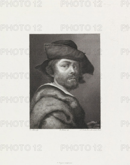 Portrait of painter Cristofano Allori, print, collector's mark: 'Oval with fleur de lys and text.', printmaker: Antonio Costa, Italy, after drawing by E. Pratesi, after painting by Cristofano Allori, 1814 - 1875, Antonio Costa, E. Pratesi, Cristofano Allori, printmaker, after drawing by, after painting by, paper, chine collé, engraving, engraving on chine collé, height 245 mm x width 190 mm, After self-portrait by Cristofano Allori in the Uffizi Gallery in Florence., Person, historical persons, portrait, self-portrait of artist, A monochrome engraved portrait of a bearded man shown from the shoulders up in a three-quarter view, wearing a broad, soft hat with a turned brim and a thick fur-lined cloak, his face turned toward the viewer with a neutral expression, textured shading forming the background and detailed cross-hatching defining hair, facial features, and clothing.