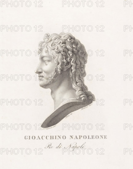 Gioacchino Napoleone, Portrait bust of Joachim Murat, print, Portrait bust of Joachim Murat by the Italian sculptor Antonio Canova., printmaker: Pietro Fontana, Italy, after drawing by Pozzi, after sculpture by Antonio Canova, 1773 - 1837, Antonio Canova, after sculpture by, paper, engraving, height 237 mm x width 174 mm, The original sculpture by Canova is in the Museo Nazionale di Capodimonte in Naples., Person, Joachim Murat, piece of sculpture, reproduction of a piece of sculpture, historical persons, A detailed engraved profile of a man facing left with curly hair and sideburns, rendered in fine lines and shading on a light background, showing the head and a partial neck and shoulder draped with a textured garment, with decorative curls in the hair and subtle stippling on the face.