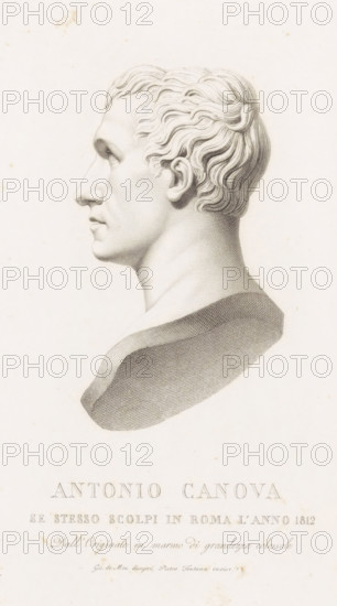 Portrait bust by Antonio Canova, print, Sculpted self-portrait by Antonio Canova., printmaker: Pietro Fontana, Italy, after drawing by Giovanni De Min, after sculpture by Antonio Canova, Rome, 1812 - 1837, Antonio Canova, after sculpture by, paper, engraving, gravure, height 310 mm x width 220 mm, The statue of Canova is located in the Temple Possagno in Veneto., Person, piece of sculpture, reproduction of a piece of sculpture, historical persons, portrait, self-portrait of artist, A detailed pencil-style profile drawing of a classical male bust facing left, showing short wavy hair, a straight nose, closed lips, and a defined jaw and neck; the bust rests on a stylized pedestal area with fine crosshatching; the sheet shows light aging spots and slight discoloration around the edges.