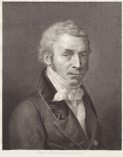 Portrait of printmaker Giuseppe Longhi, print, printmaker: Samuele Jesi, Italy, 1798 - 1853, paper, engraving, height 291 mm x width 221 mm, Person, Giuseppe Longhi, historical persons, portrait, self-portrait of artist, A detailed engraved portrait of a middle-aged man shown from the chest up, facing slightly toward the viewer's left, with wavy hair and sideburns rendered in fine lines, a high forehead, and a composed expression; he wears a dark textured coat with a wide collar over a light shirt and a tied neckcloth with a prominent knot, and the background consists of a dense crosshatched pattern covering the entire field behind him.