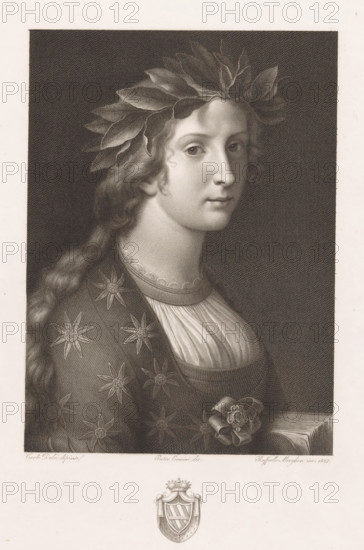 Allegory of poetry, print, Portrait of a woman with a book and a laurel wreath around her head. Allegorical representation of poetry., printmaker: Raphael Morghen, Italy, after drawing by Pietro Ermini, after painting by Carlo Dolci, 1827, paper, engraving, etching, gravure et ets, height 324 mm x width 226 mm, After a painting by Carlo Dolci in Palazzo Corsini in Florence., symbolic representations, allegories and emblems, poetry, 'Poesia' (Ripa), A detailed grayscale portrait of a young person shown from the shoulders up, facing slightly to the viewer's right, wearing a wreath of large leaves on the head and long wavy hair cascading over one shoulder, with a calm facial expression and clear, softly shaded features; the clothing includes a patterned outer garment decorated with star-like floral motifs, a pleated or gathered undergarment at the chest, and a decorative rosette pinned near the shoulder, all rendered against a dark textured rectangular background and framed by a lighter b...